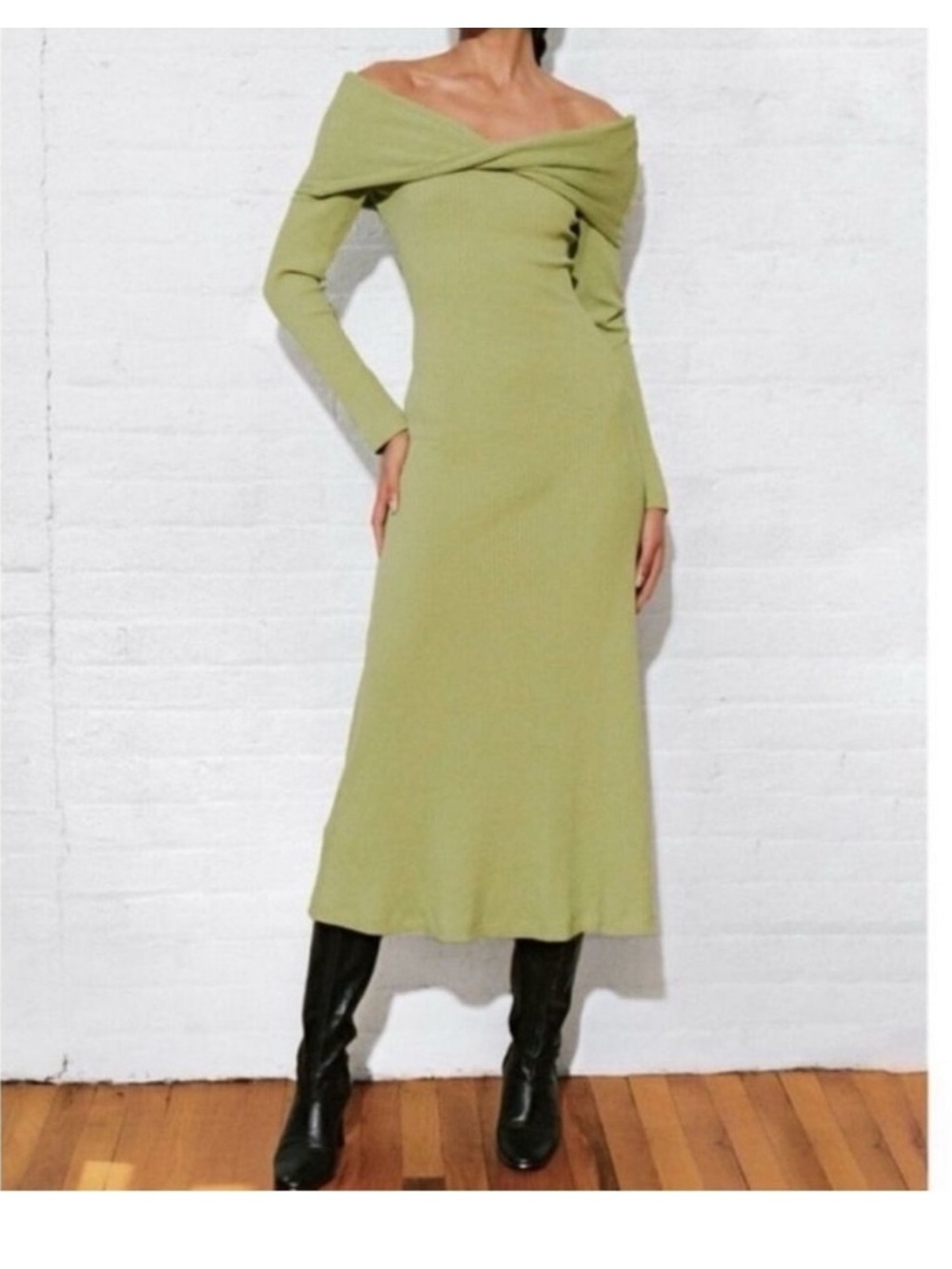 Mara Hoffman Emery Light Green Ribbed Green Long Sleeve Cowl Neck Dress Med NWT